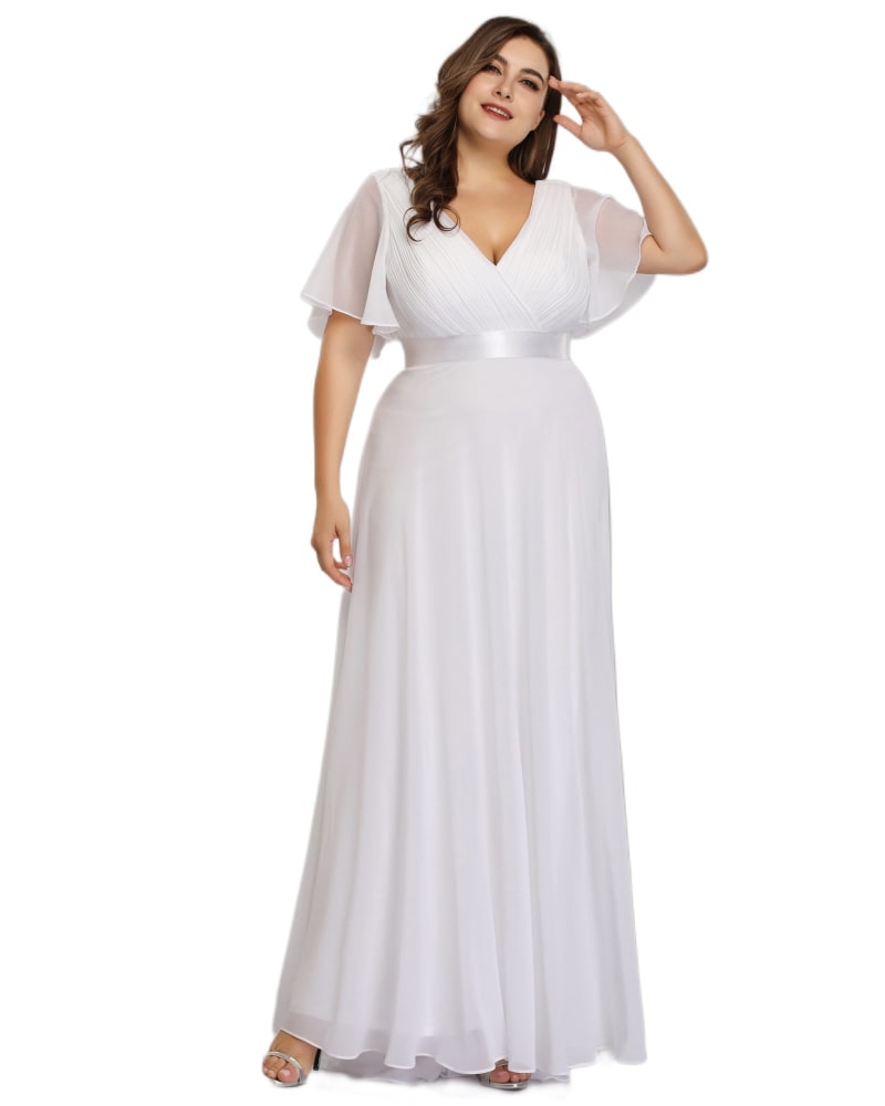 Front of a model wearing a size 24 Long Chiffon Empire Waist Bridesmaid Dress with Short Flutter Sleeves in White by Ever-Pretty. | dia_product_style_image_id:329520